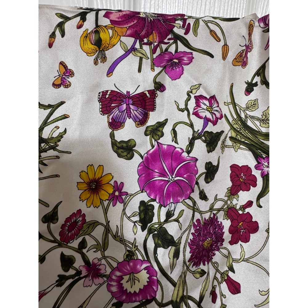 Vintage 100% Silk Floral Butterfly Scarf Magenta White Botanical Square Scarf